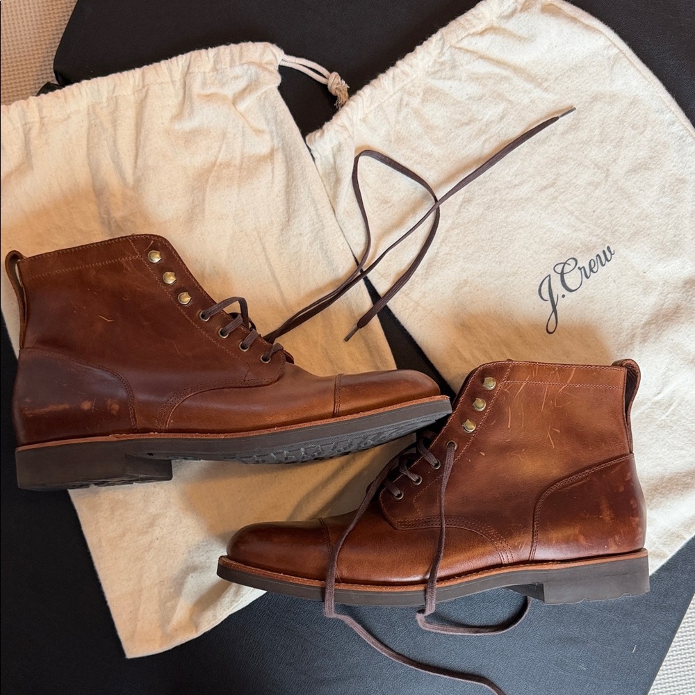 J. Crew Men's Kenton Leather Cap Toe Rich Brown Lace-Up Boots size 10.5